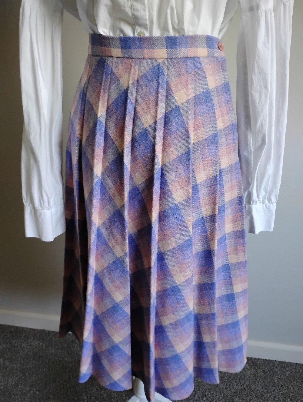 Russ Vintage 1980s Wool Blend Accordion Pleat Skirt Pink Lavender Plaid Size 16